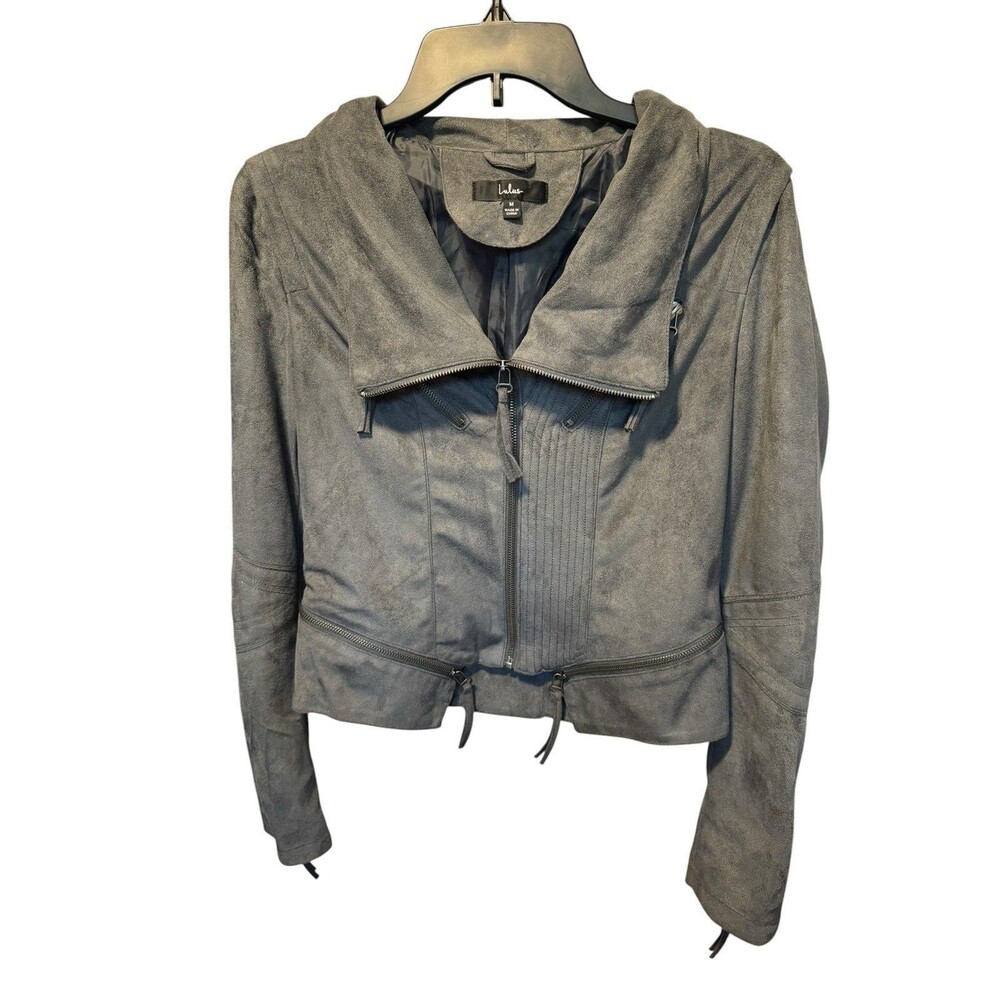 Lulus Jacket Womens Medium Soft Gray Faux Suede Moto Zipper Detail Faux Pockets
